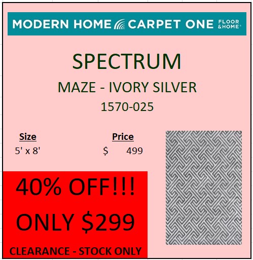 PIcture of a clearance area rug that is grey with a greek key style geometric pattern